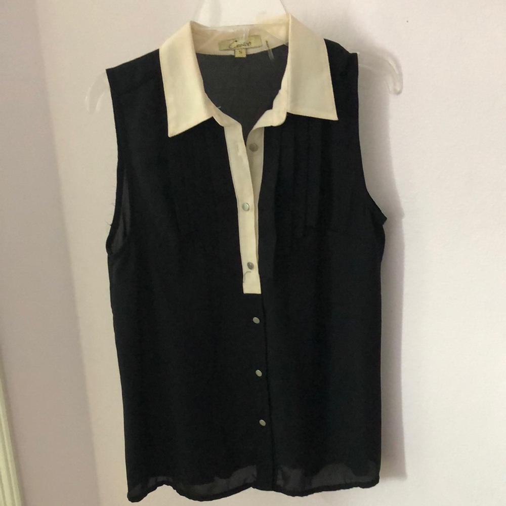 Black button down blouse with white collar